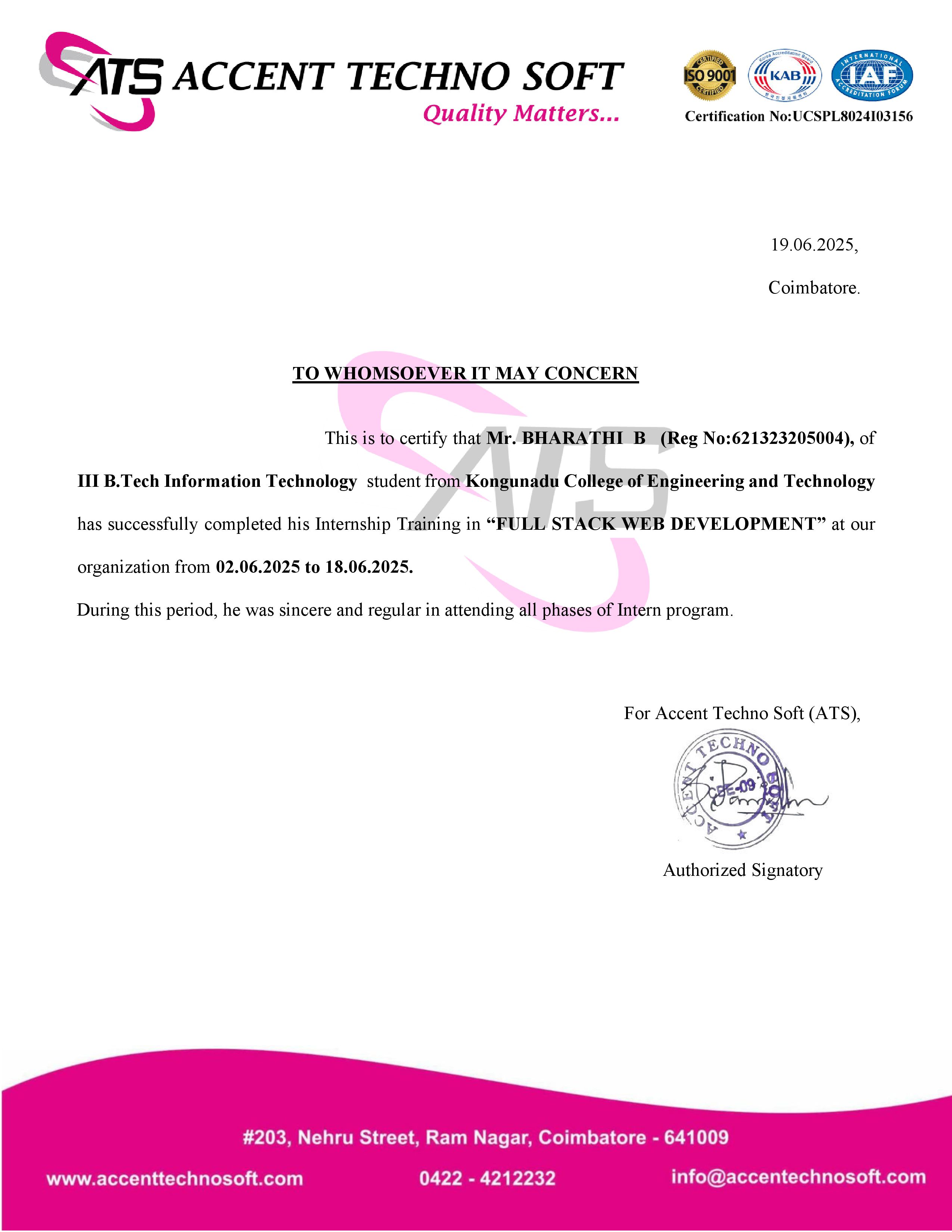 ATS Internship Certificate